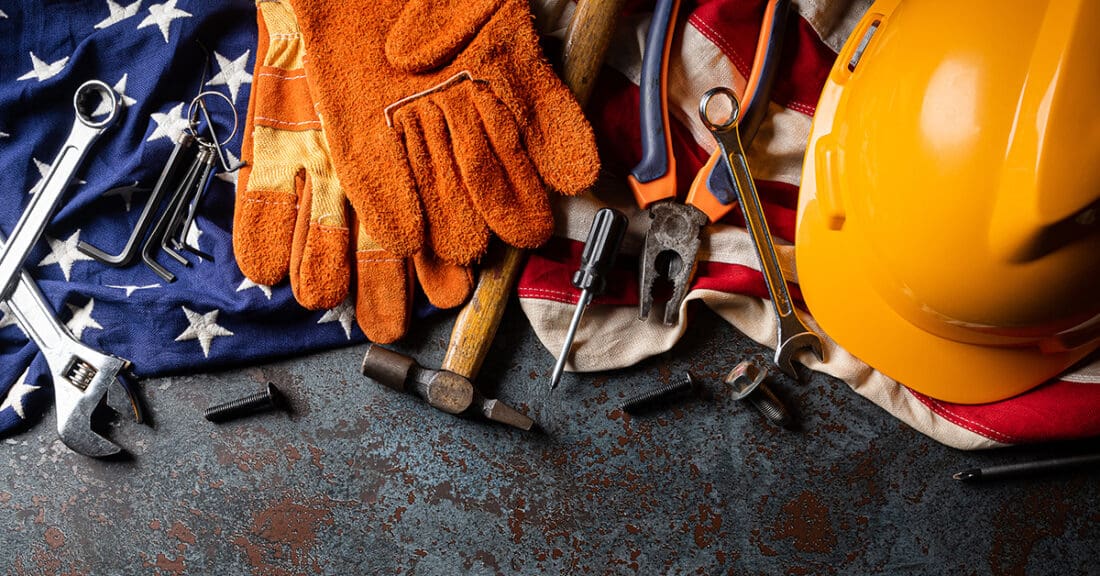 Construction gear on American flag