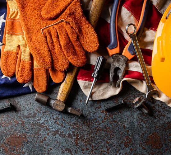 Construction gear on American flag